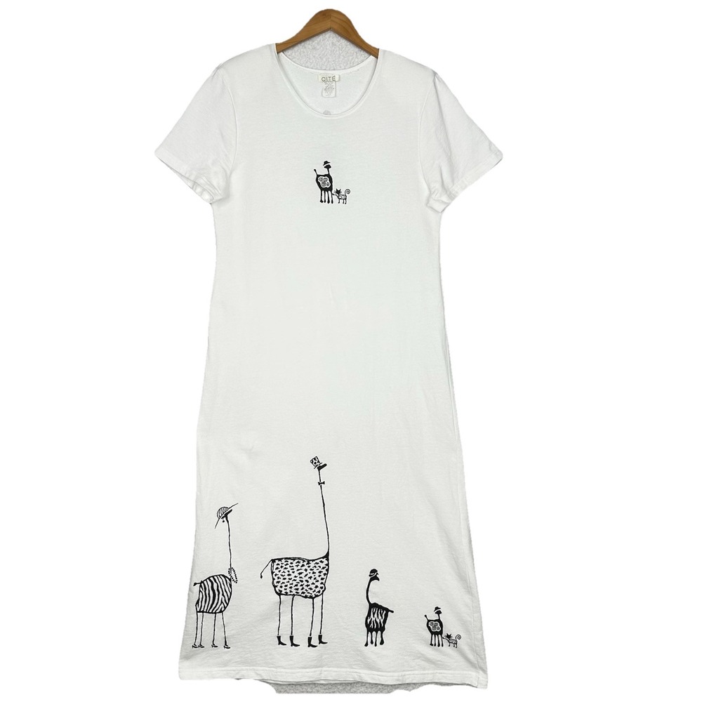 Vintage 90s Art To Wear Maxi Dress S White Cotton Whimsical Animal Graphic USA